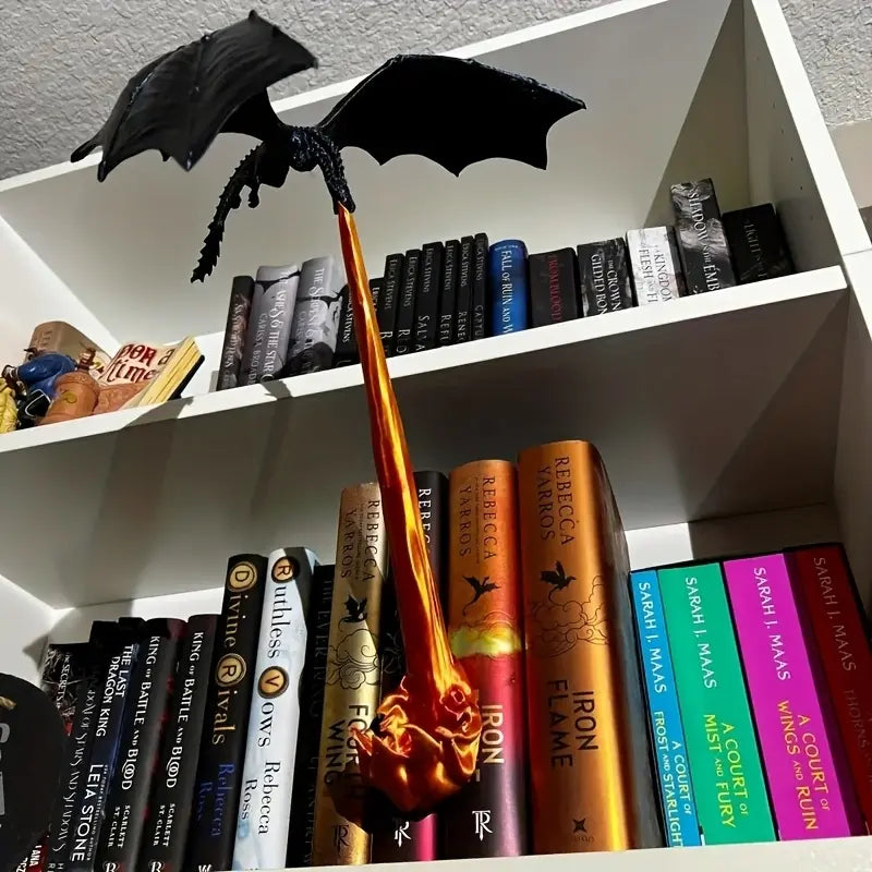 3D Dragon Flame Book Nook Lamp, Fire-Breathing Dragon Sculpture with Glowing Flame Effect, Fantasy Bookshelf Decor for Home, Office and Desk