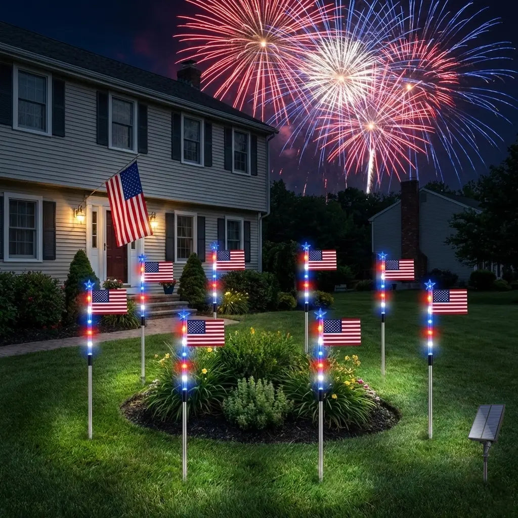 8-Piece Flag Light Set, 4th of July Decorations 8 Lighting Modes, 8-in-1 American Flag Solar Lights, Memorial Day Decorations Featuring Red, White, and Blue Lights for Independence Day Pathway Garden Decorations Yard Pathway