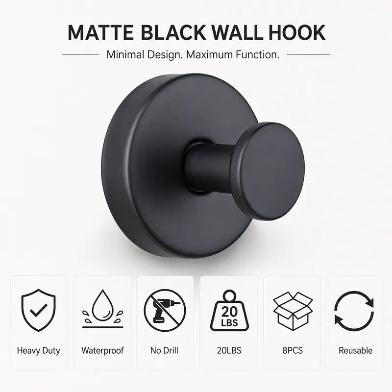 Heavy-Duty Adhesive Wall Hooks, 15 lb Capacity Waterproof No-Drill Hooks for Bathroom, Kitchen & Home Storage, 4 or 8 Pack
