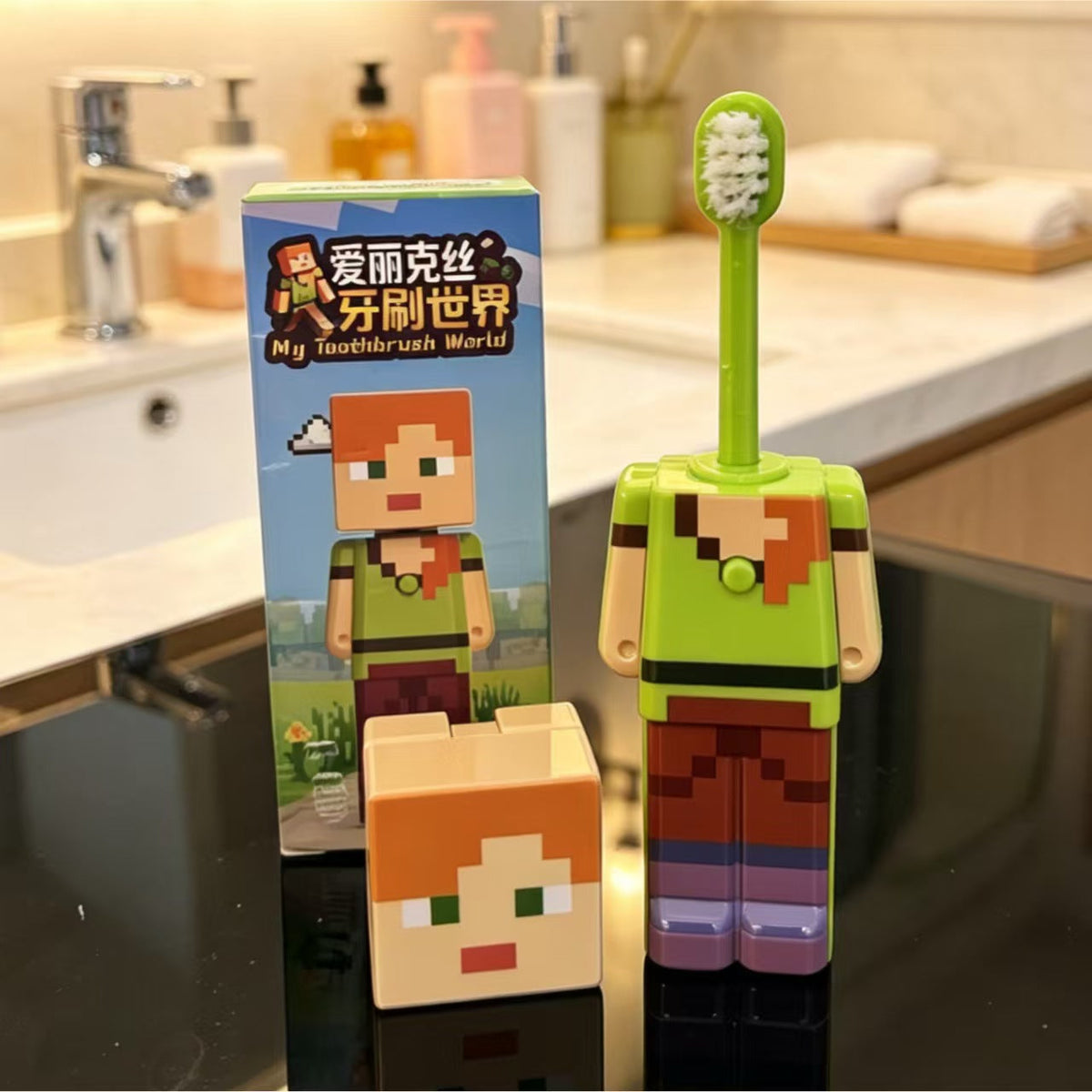Kids Pixel Character Pop-Up Toothbrush with Cap | Ultra-Soft Travel Brush