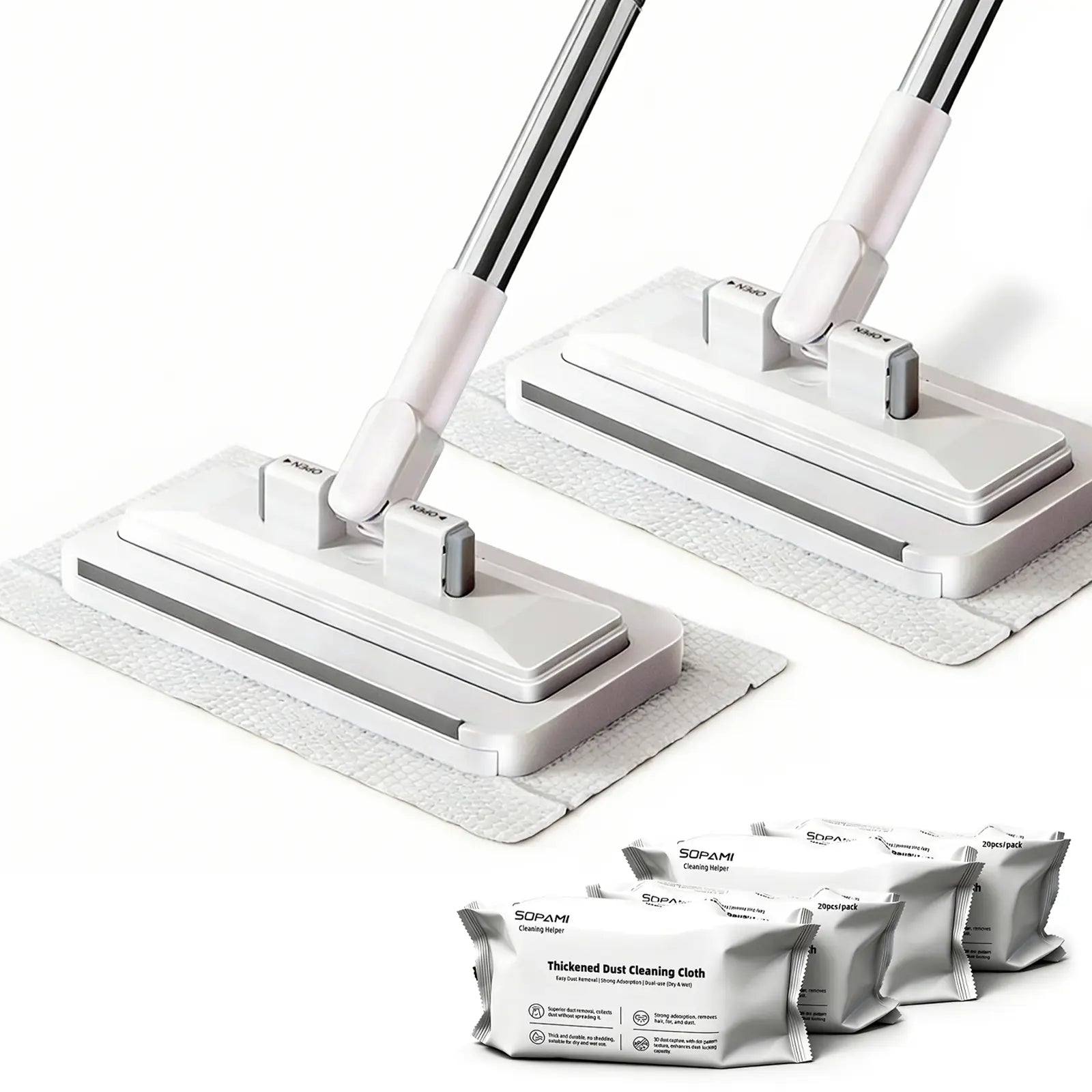 SOPAMI Disposable Mop, Hands-Free Floor Mop with Clamp, Dry Wet Use Dust Mop for Hardwood & Tile