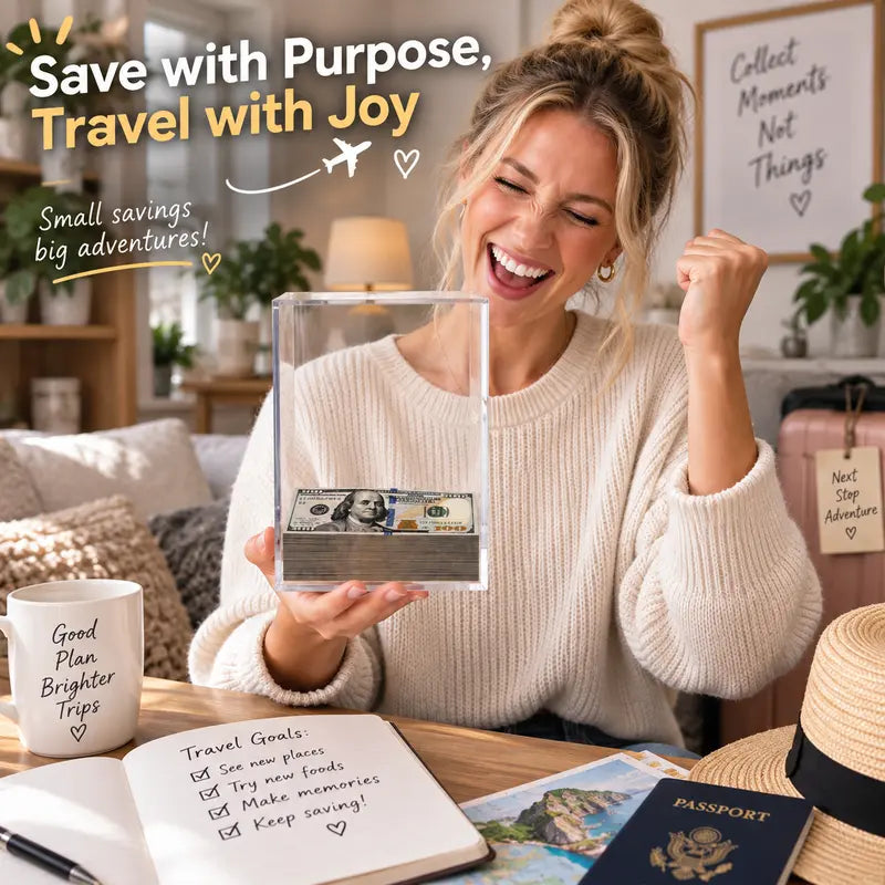 Floating savings box — holds over 1,800 bills, acrylic savings challenge box, goal tracker, satisfying floating effect, great as a gift