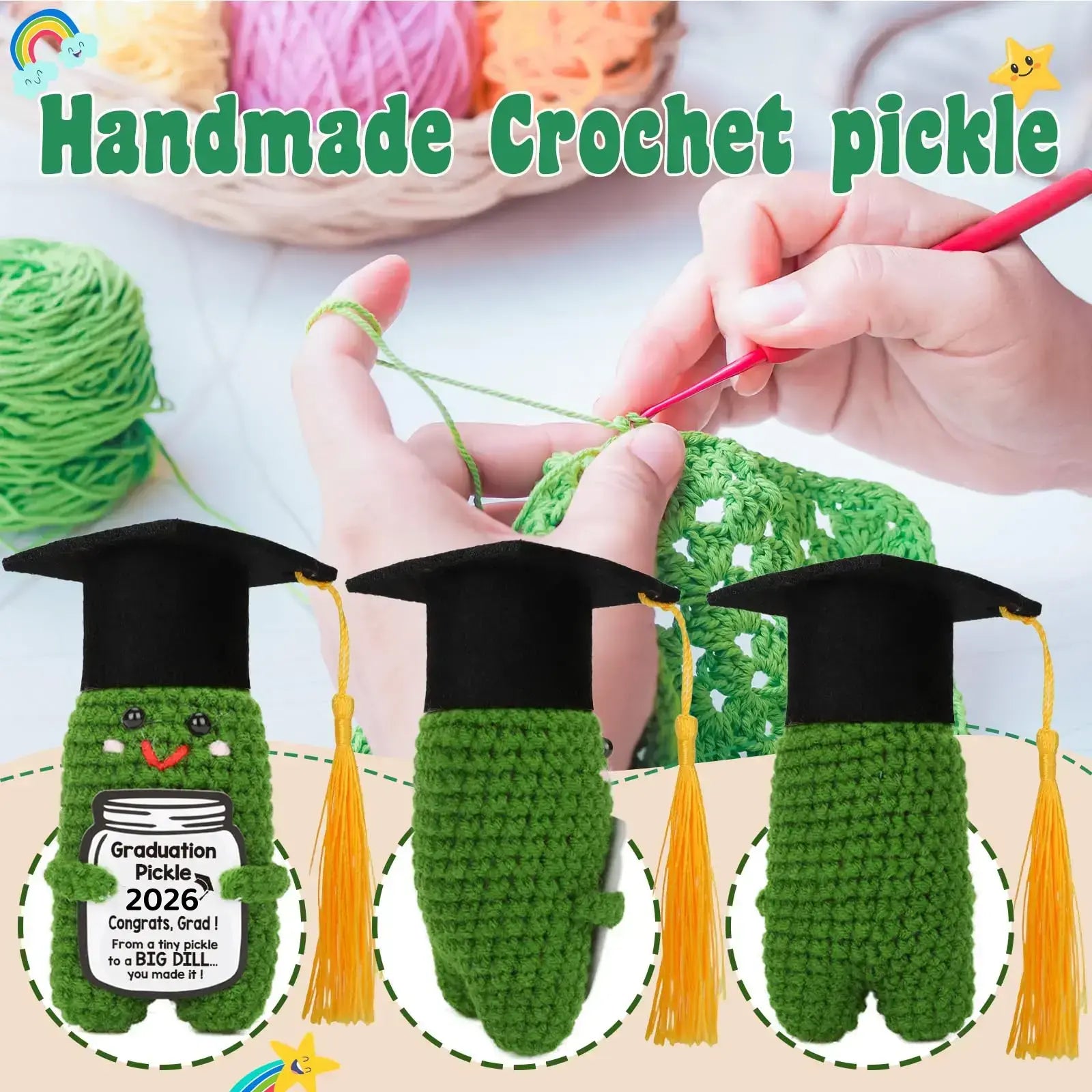 Graduation Pickle Funny Handmade Crochet Grad Gifts for Him Her - Cute Congrats Class of 2026 High School College Graduation Gifts with 5 Color Tassels