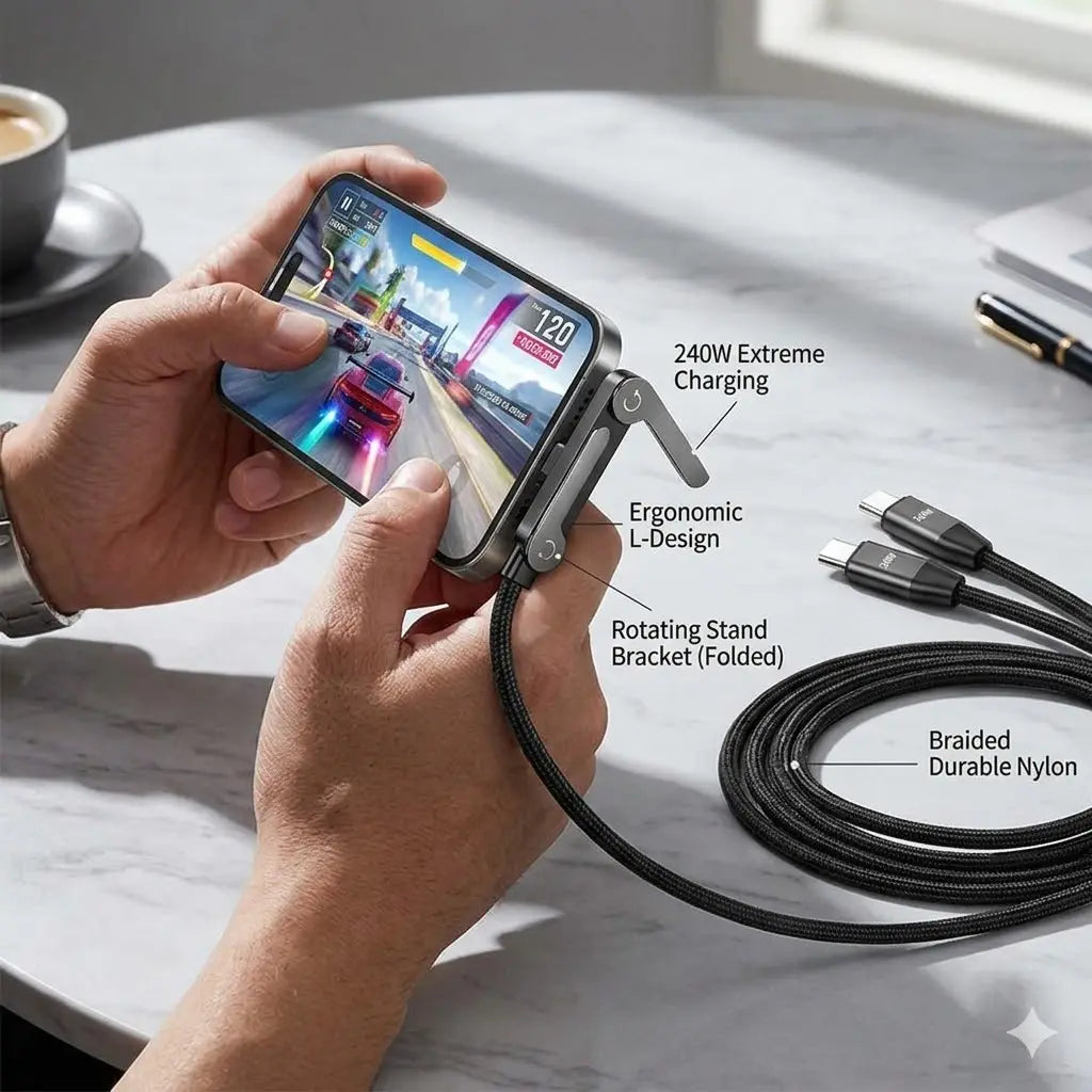 2-in-1 Fast Charging Cable with Hidden Phone Stand, Up to 240W Fast Charging, Foldable Adjustable Stand for Gaming, Office & Travel