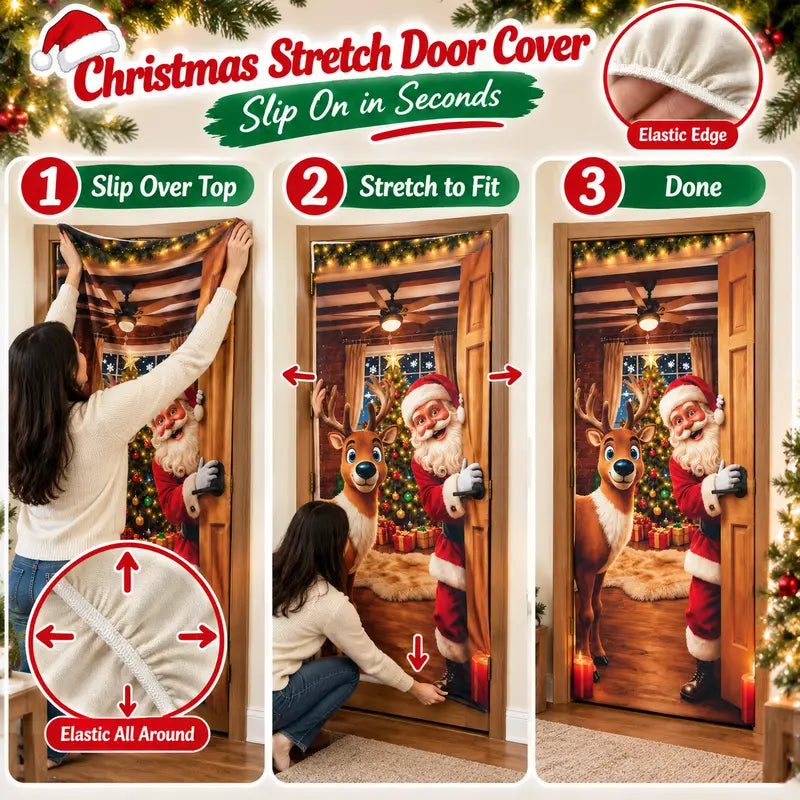 Christmas Door Cover - Santa & Reindeer Stretch Fabric Door Banner with 4-Side Elastic Edges, DIY Door Handle Cutout, Slip-On Front Door Holiday Decor
