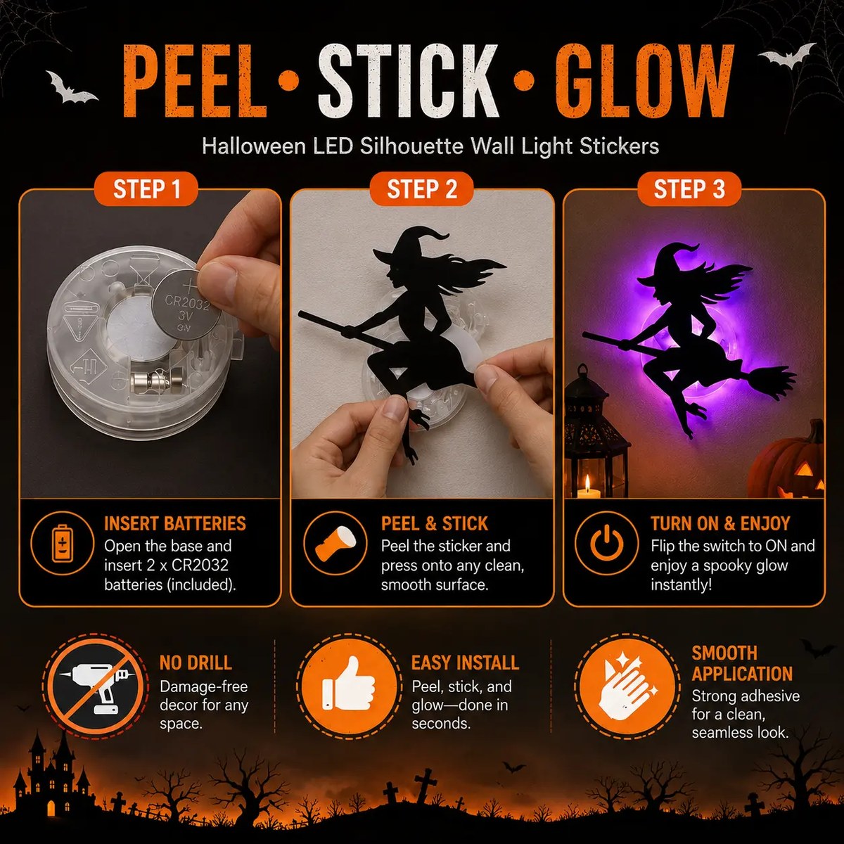 Halloween LED Silhouette Lights, Battery-Powered Peel & Stick Window & Wall Decor