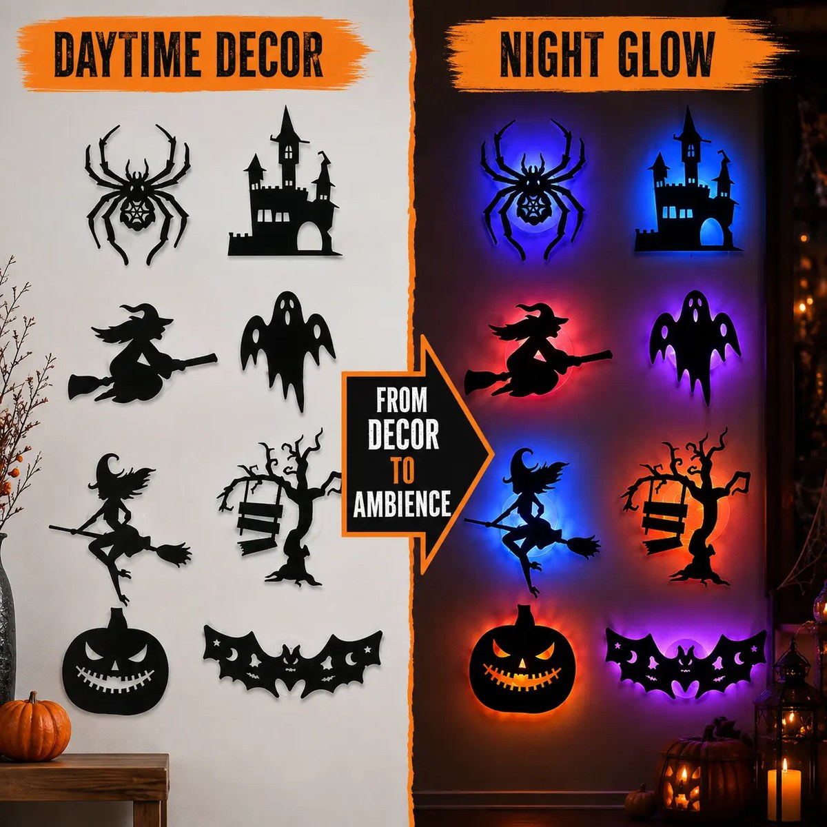 Halloween LED Silhouette Lights, Battery-Powered Peel & Stick Window & Wall Decor