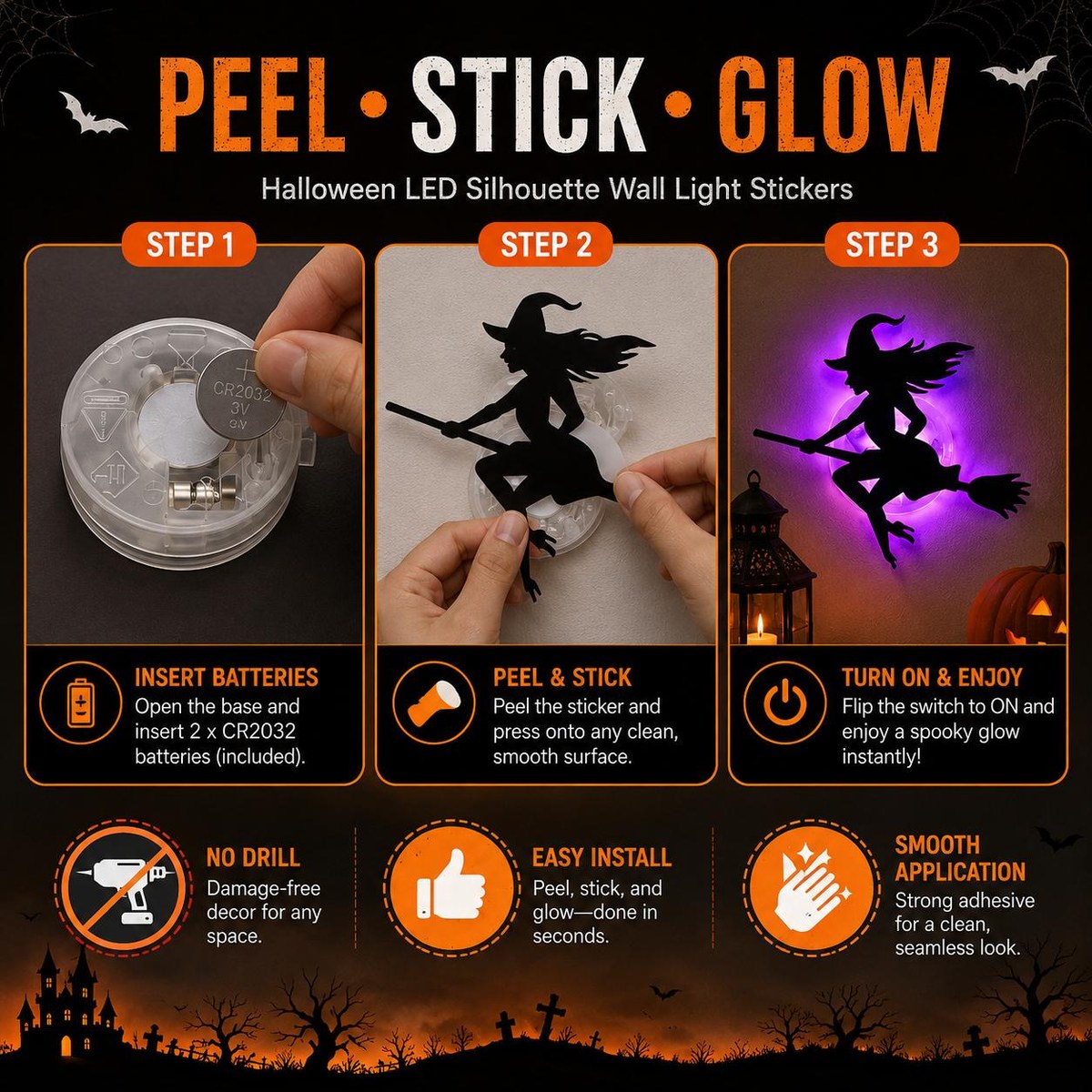 Halloween LED Silhouette Lights, Battery-Powered Peel & Stick Window & Wall Decor