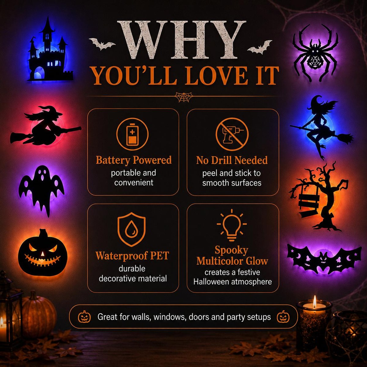 Halloween LED Silhouette Lights, Battery-Powered Peel & Stick Window & Wall Decor