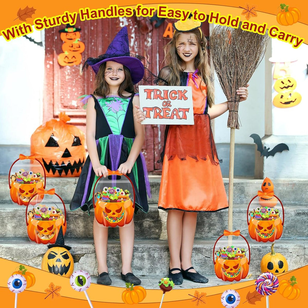 Halloween Pumpkin Treat Bags with Handles, Clear Candy Gift Bags for Trick-or-Treat Party Favors