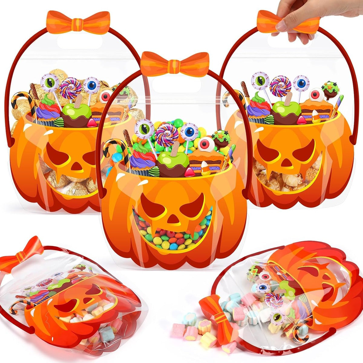 Halloween Pumpkin Treat Bags with Handles, Clear Candy Gift Bags for Trick-or-Treat Party Favors