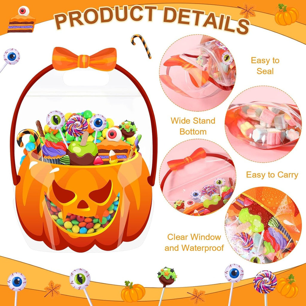 Halloween Pumpkin Treat Bags with Handles, Clear Candy Gift Bags for Trick-or-Treat Party Favors