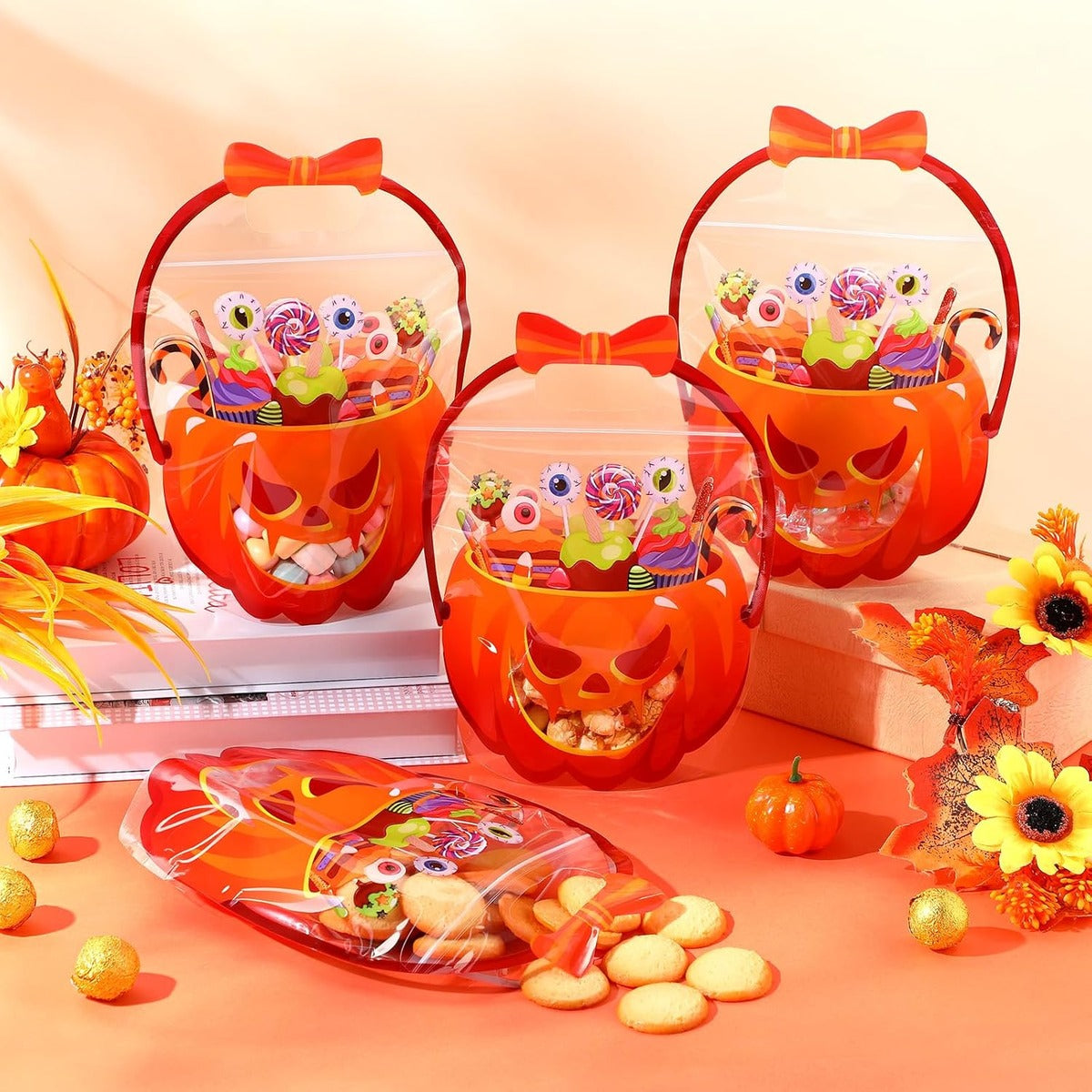 Halloween Pumpkin Treat Bags with Handles, Clear Candy Gift Bags for Trick-or-Treat Party Favors