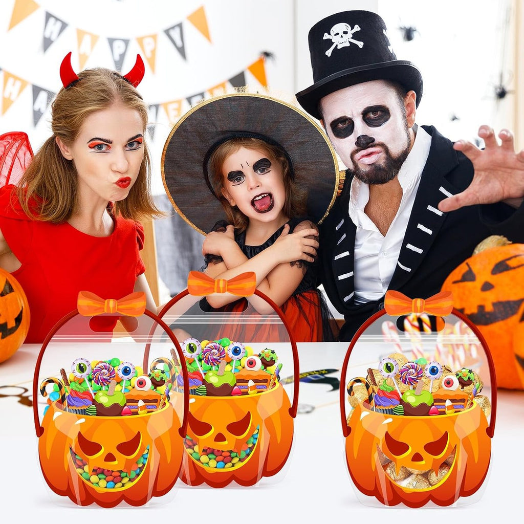 Halloween Pumpkin Treat Bags with Handles, Clear Candy Gift Bags for Trick-or-Treat Party Favors