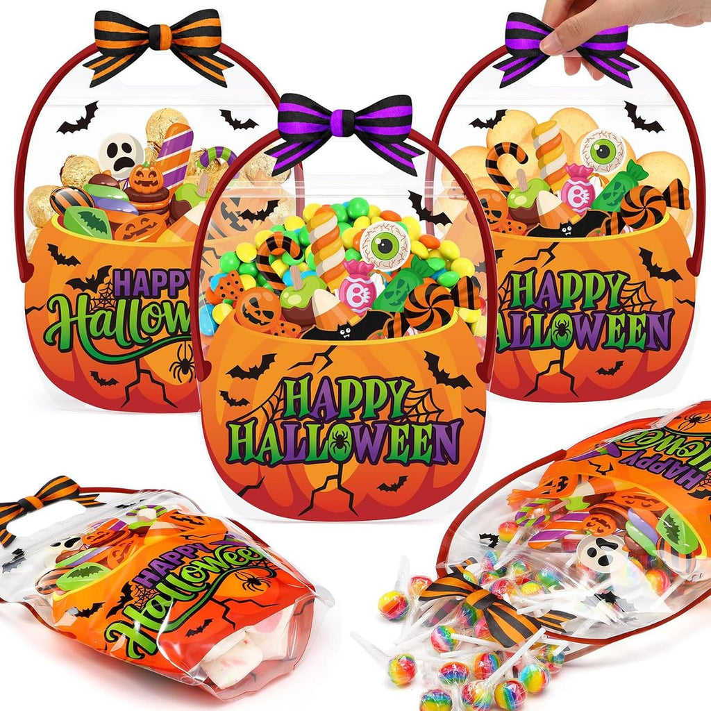 Halloween Pumpkin Treat Bags with Handles, Clear Candy Gift Bags for Trick-or-Treat Party Favors