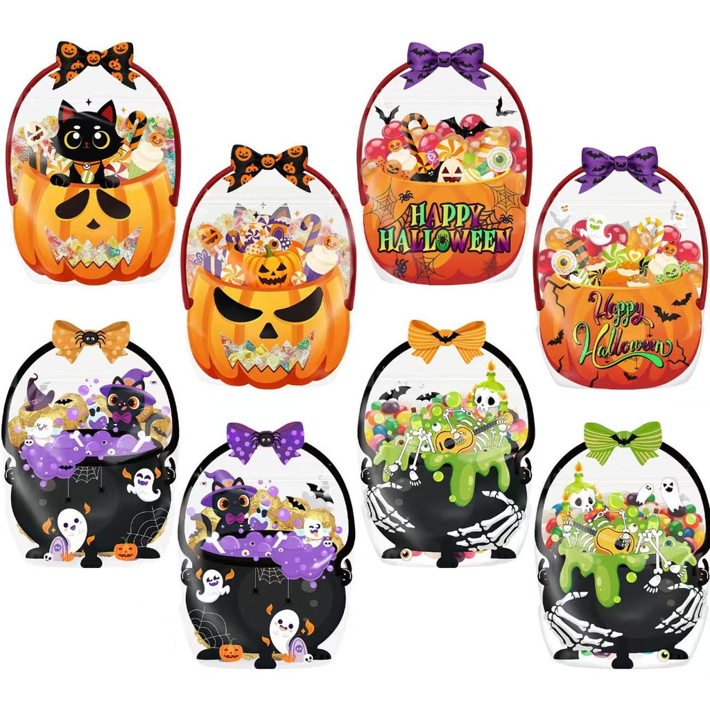 Halloween Pumpkin Treat Bags with Handles, Clear Candy Gift Bags for Trick-or-Treat Party Favors