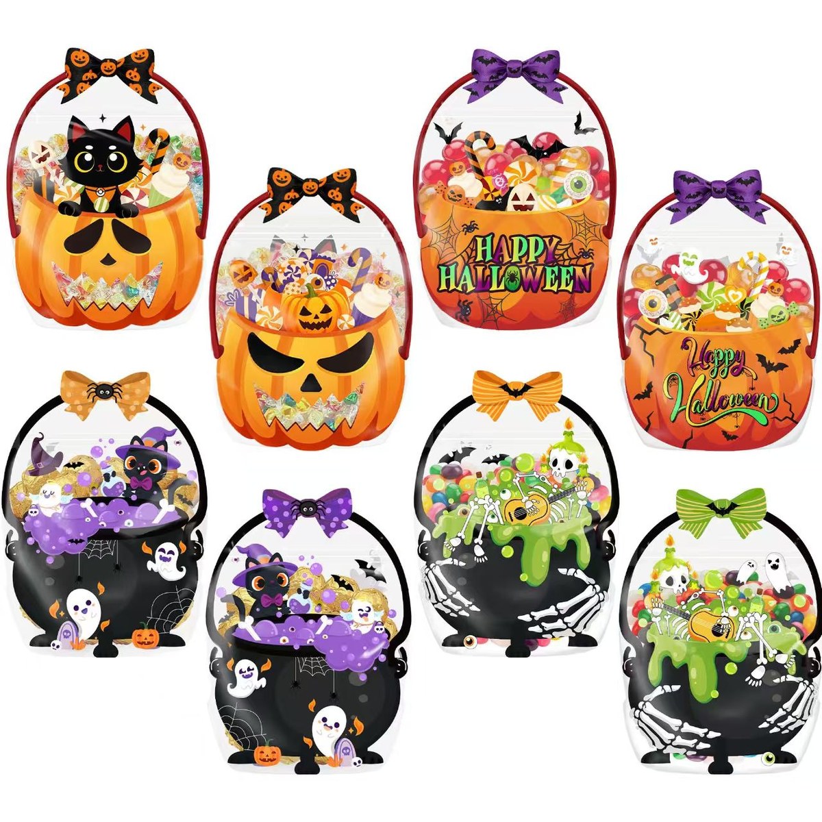 Halloween Pumpkin Treat Bags with Handles, Clear Candy Gift Bags for Trick-or-Treat Party Favors