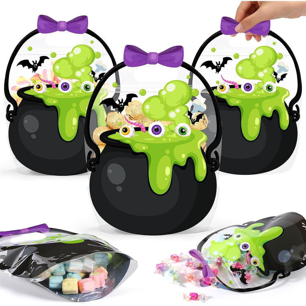 Halloween Pumpkin Treat Bags with Handles, Clear Candy Gift Bags for Trick-or-Treat Party Favors