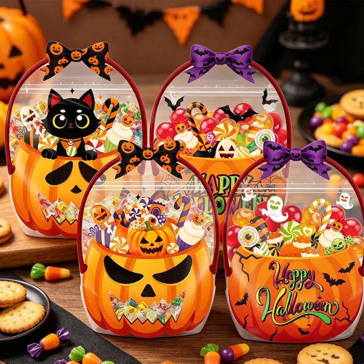 Halloween Pumpkin Treat Bags with Handles, Clear Candy Gift Bags for Trick-or-Treat Party Favors