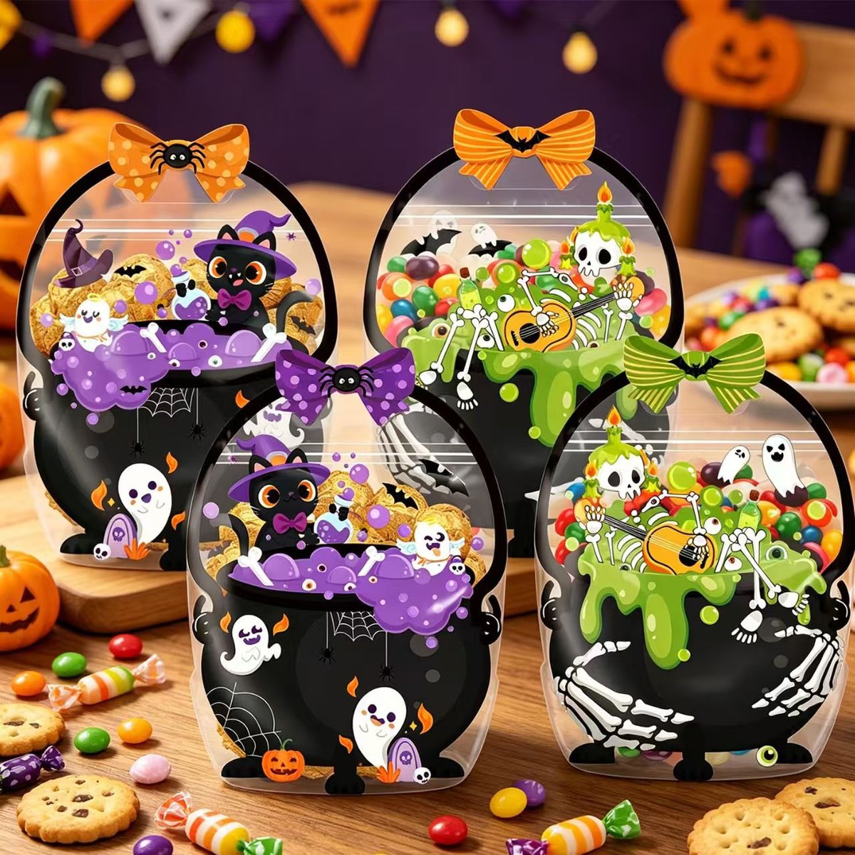 Halloween Pumpkin Treat Bags with Handles, Clear Candy Gift Bags for Trick-or-Treat Party Favors
