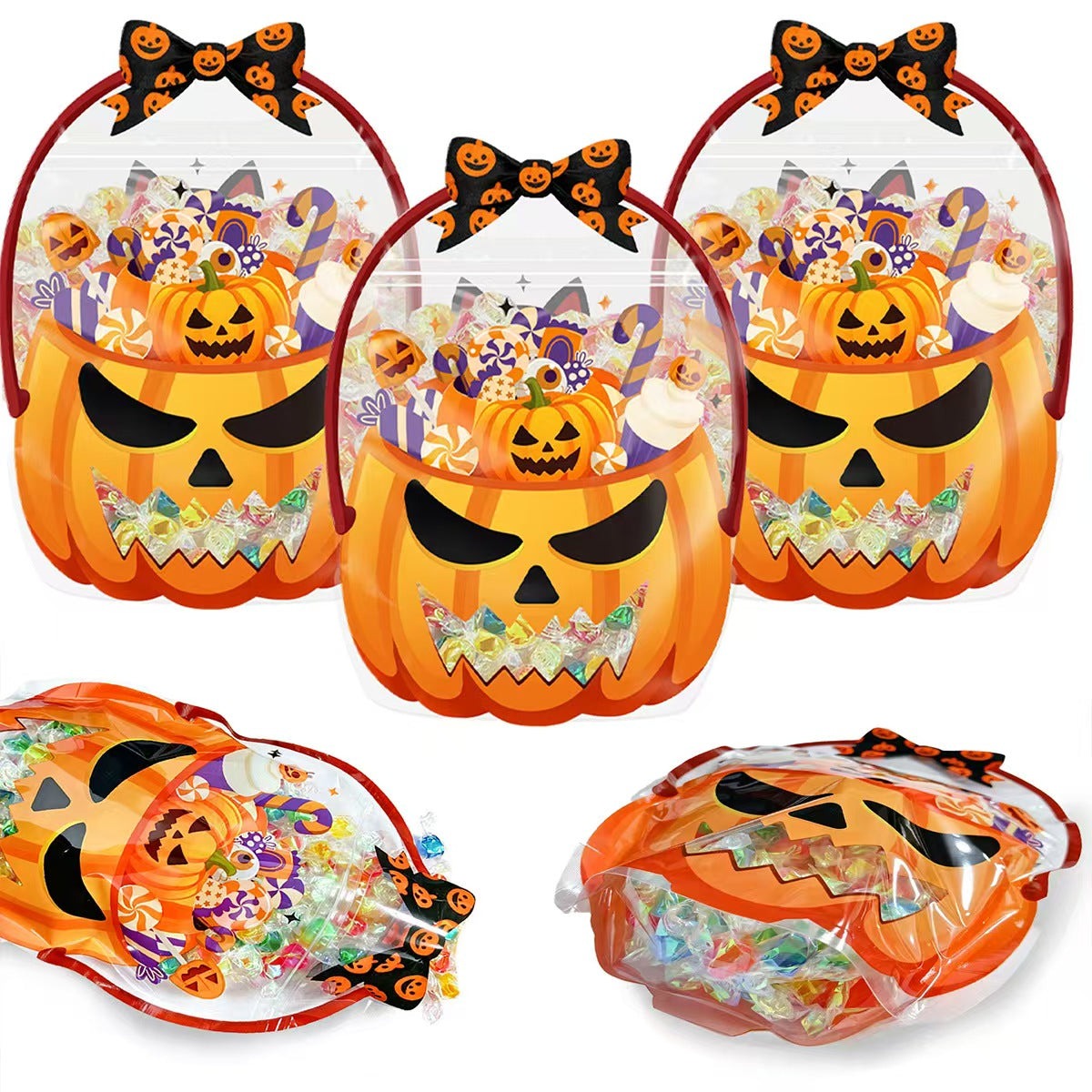 Halloween Pumpkin Treat Bags with Handles, Clear Candy Gift Bags for Trick-or-Treat Party Favors