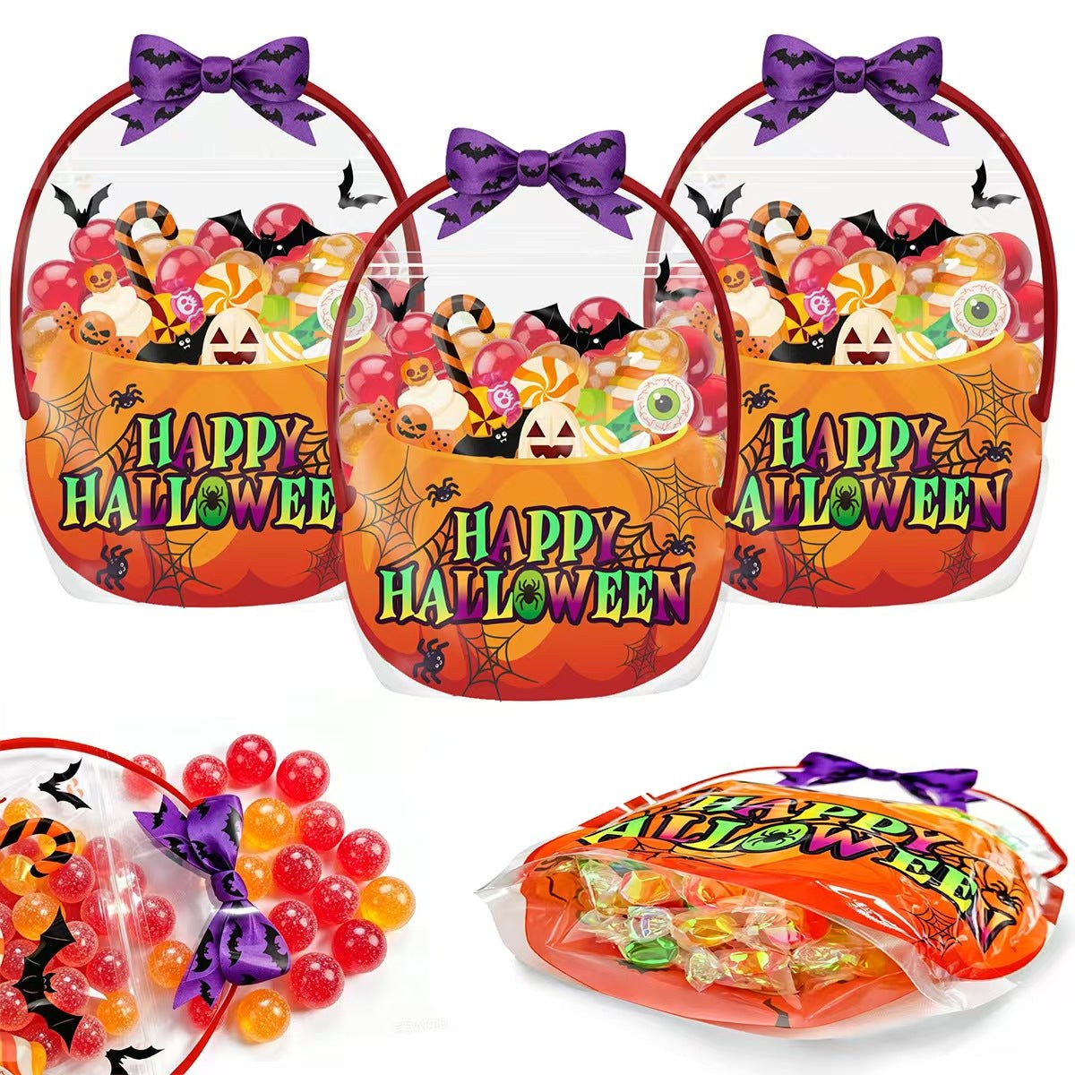 Halloween Pumpkin Treat Bags with Handles, Clear Candy Gift Bags for Trick-or-Treat Party Favors