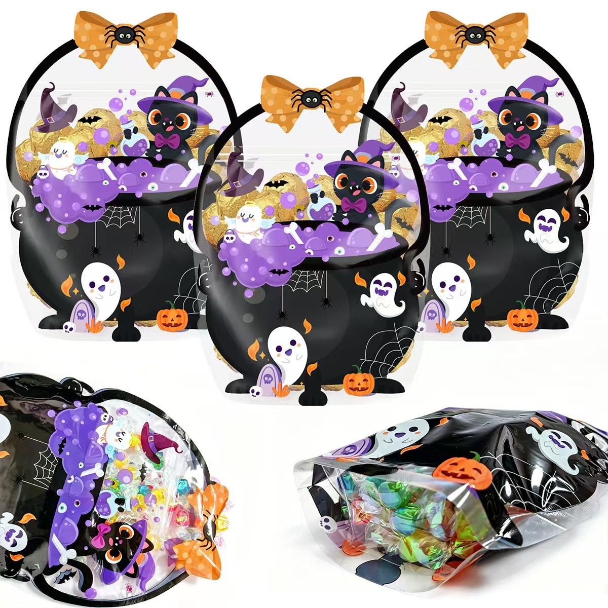 Halloween Pumpkin Treat Bags with Handles, Clear Candy Gift Bags for Trick-or-Treat Party Favors