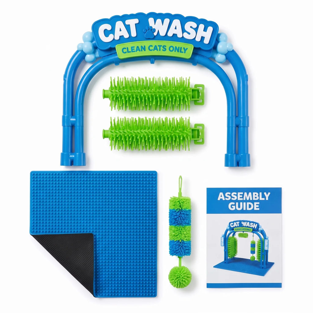 Cat Self Groomer Brush Arch, Cat Rubbing Scratching & Massage Station with Non-Slip Base, Hanging Toy, Easy-Clean Grooming Brush