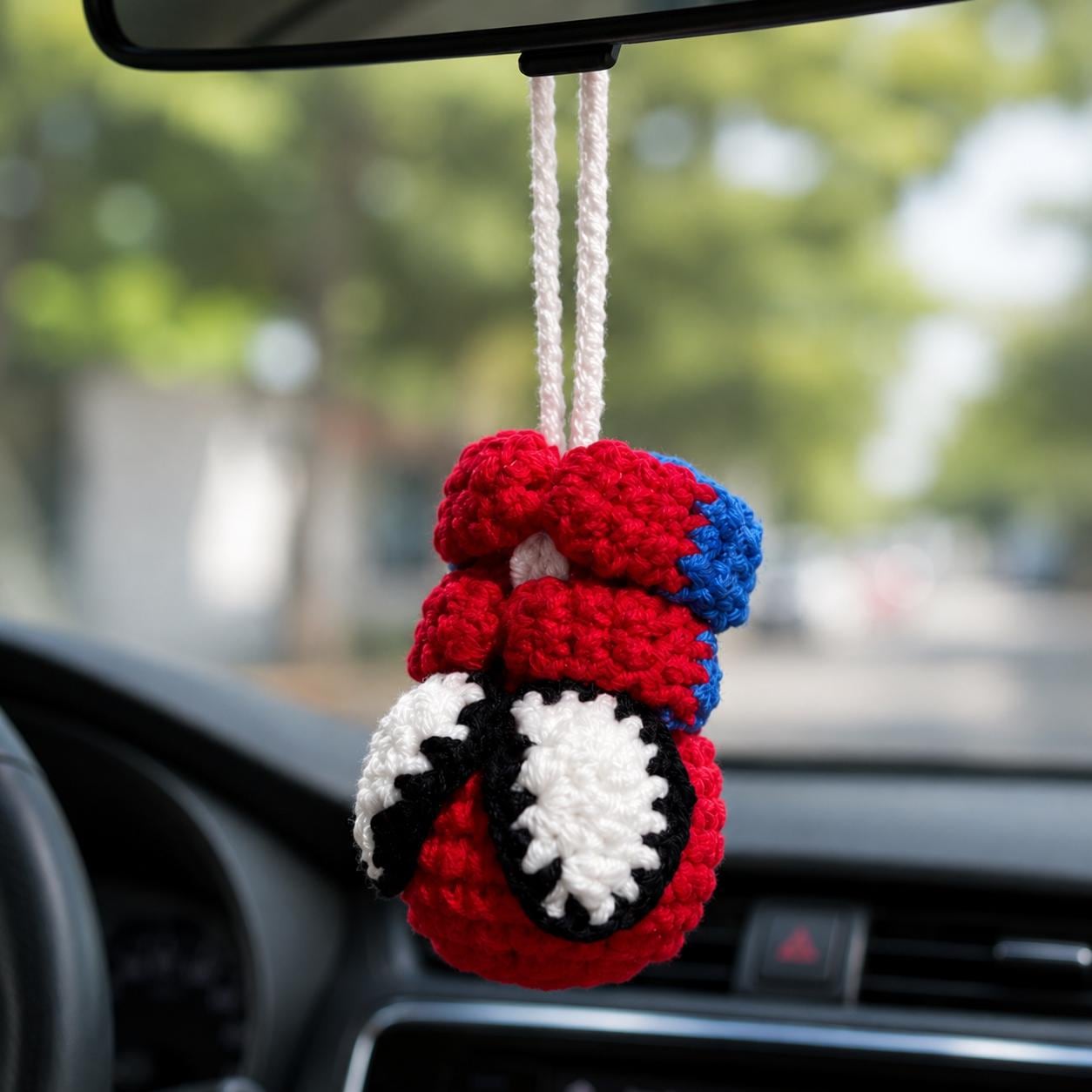 Handmade Crochet Superhero Car Hanging Ornament, Rearview Mirror Plush Decor, Comic Fan Gift