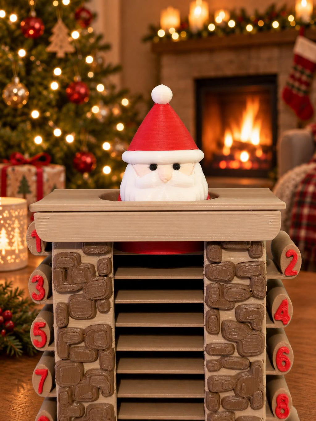 24-Day Santa Chimney Christmas Countdown, 3D Printed Advent Decoration with Pull-Out Numbered Slats, Reusable Holiday Tradition for Family, Kids & Christmas Decor