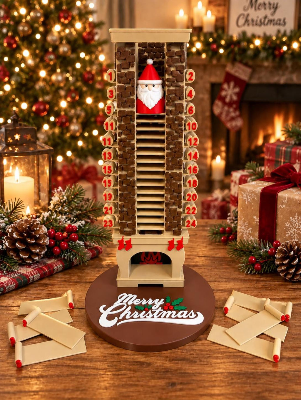 24-Day Santa Chimney Christmas Countdown, 3D Printed Advent Decoration with Pull-Out Numbered Slats, Reusable Holiday Tradition for Family, Kids & Christmas Decor