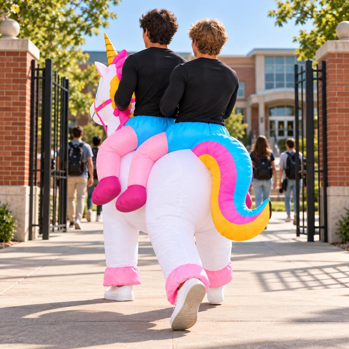 Two-Person Inflatable Unicorn Costume for Adults – Halloween Party Ride-On Outfit with Blower