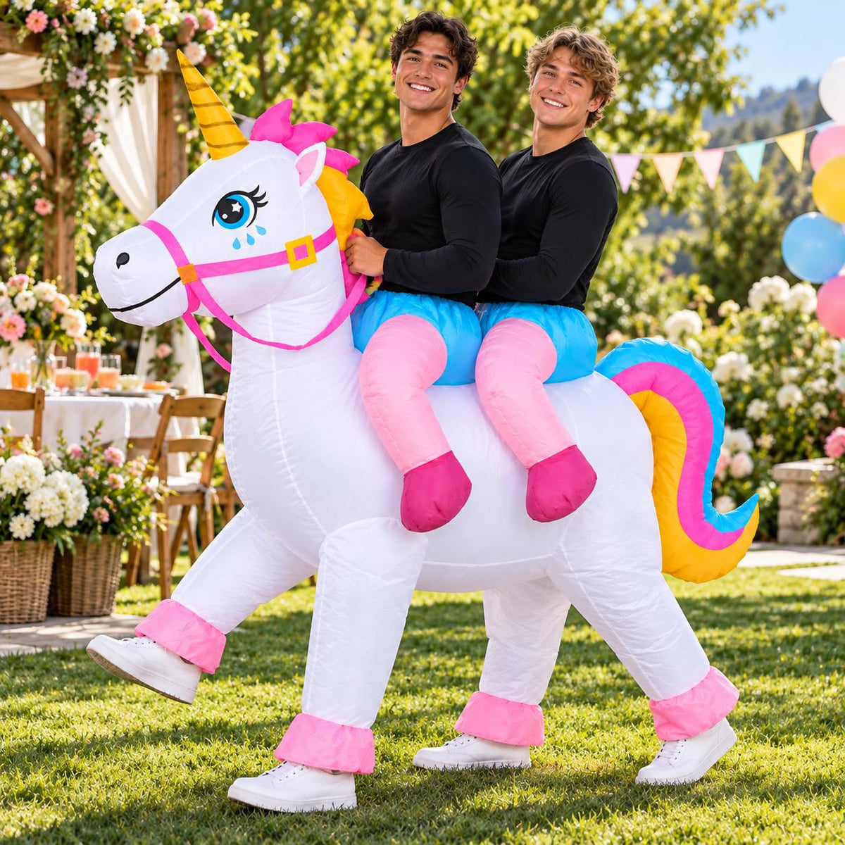 Two-Person Inflatable Unicorn Costume for Adults – Halloween Party Ride-On Outfit with Blower