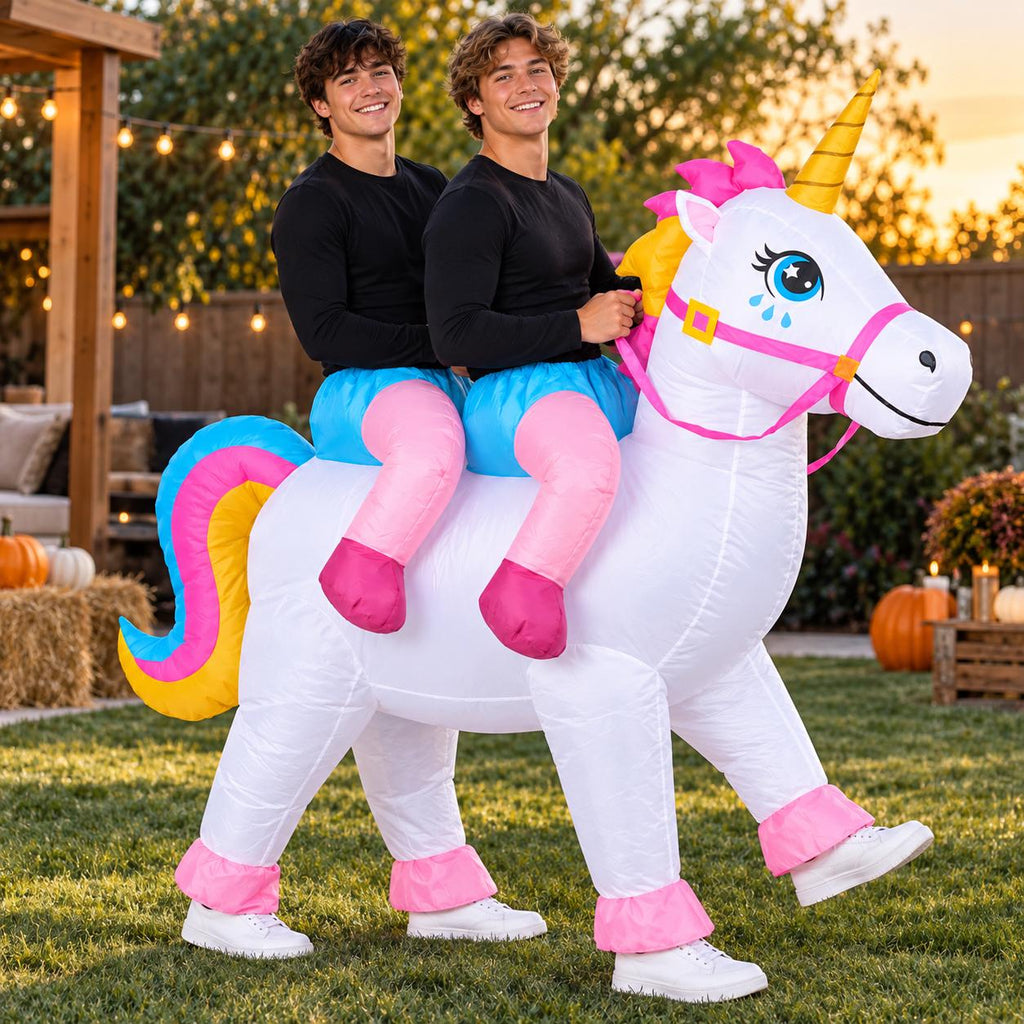 Two-Person Inflatable Unicorn Costume for Adults – Halloween Party Ride-On Outfit with Blower
