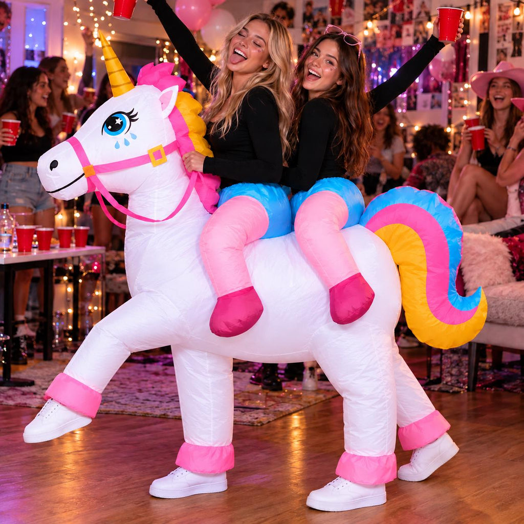 Two-Person Inflatable Unicorn Costume for Adults – Halloween Party Ride-On Outfit with Blower