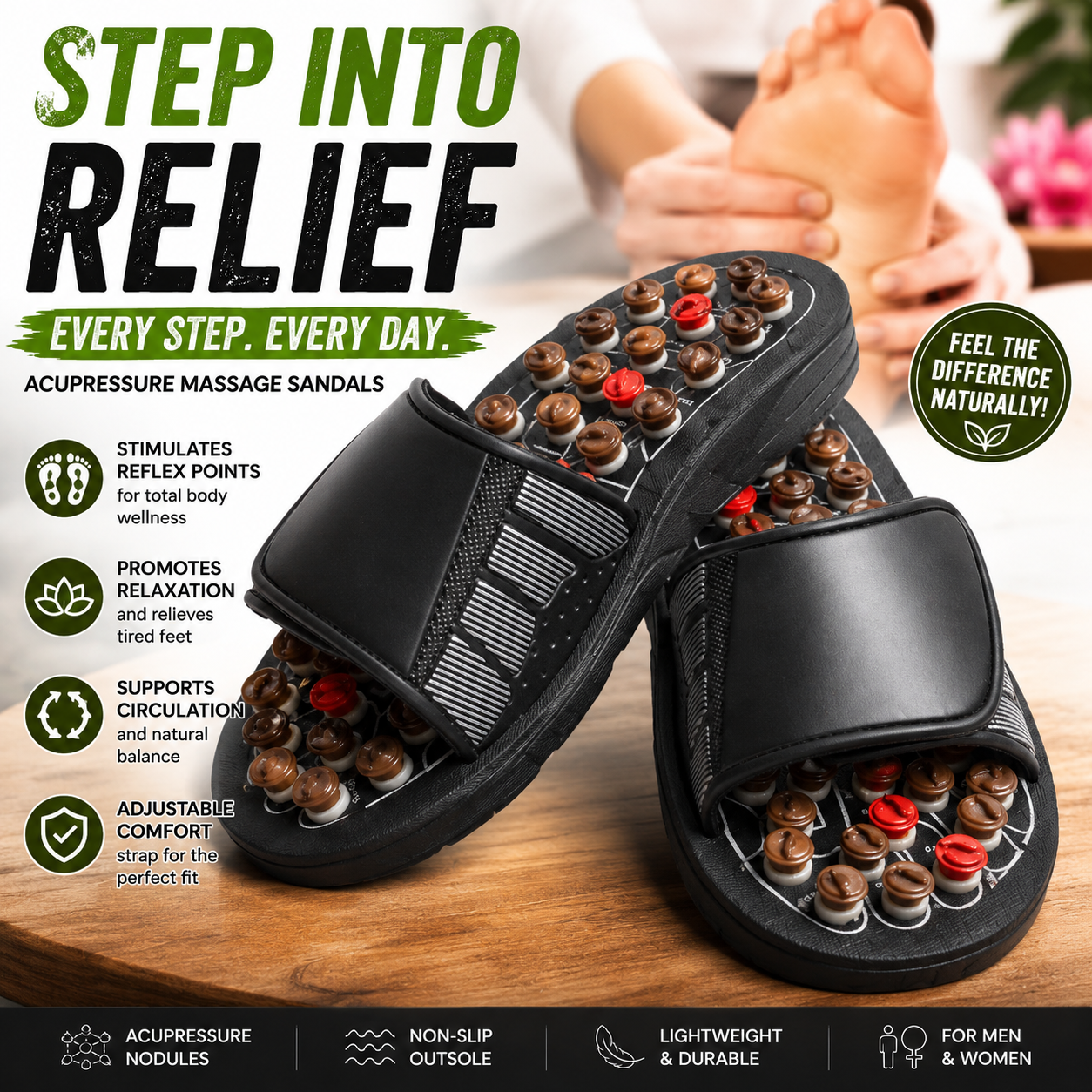 Reflexology Acupressure Massage Slippers for Men and Women, Foot Massage Sandals with Massage Nodes, Adjustable Non Slip Indoor Outdoor Slides - 1 Pair