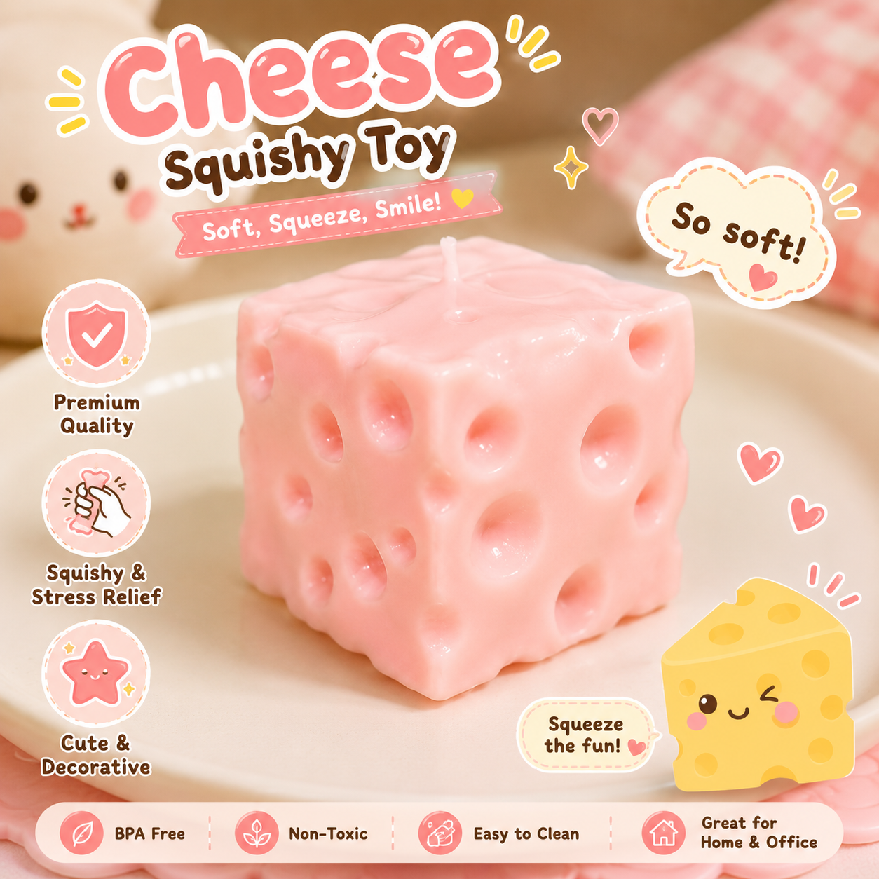 Big Cheese Squishy Toy, Soft Fluffy Cheese Sugar Cube Sensory Fidget Toy, Soft Shapeable Squeeze Ball For Stress Relief, Desk Toy, Party Gift, Holiday Gift, Birthday Gift For Adults