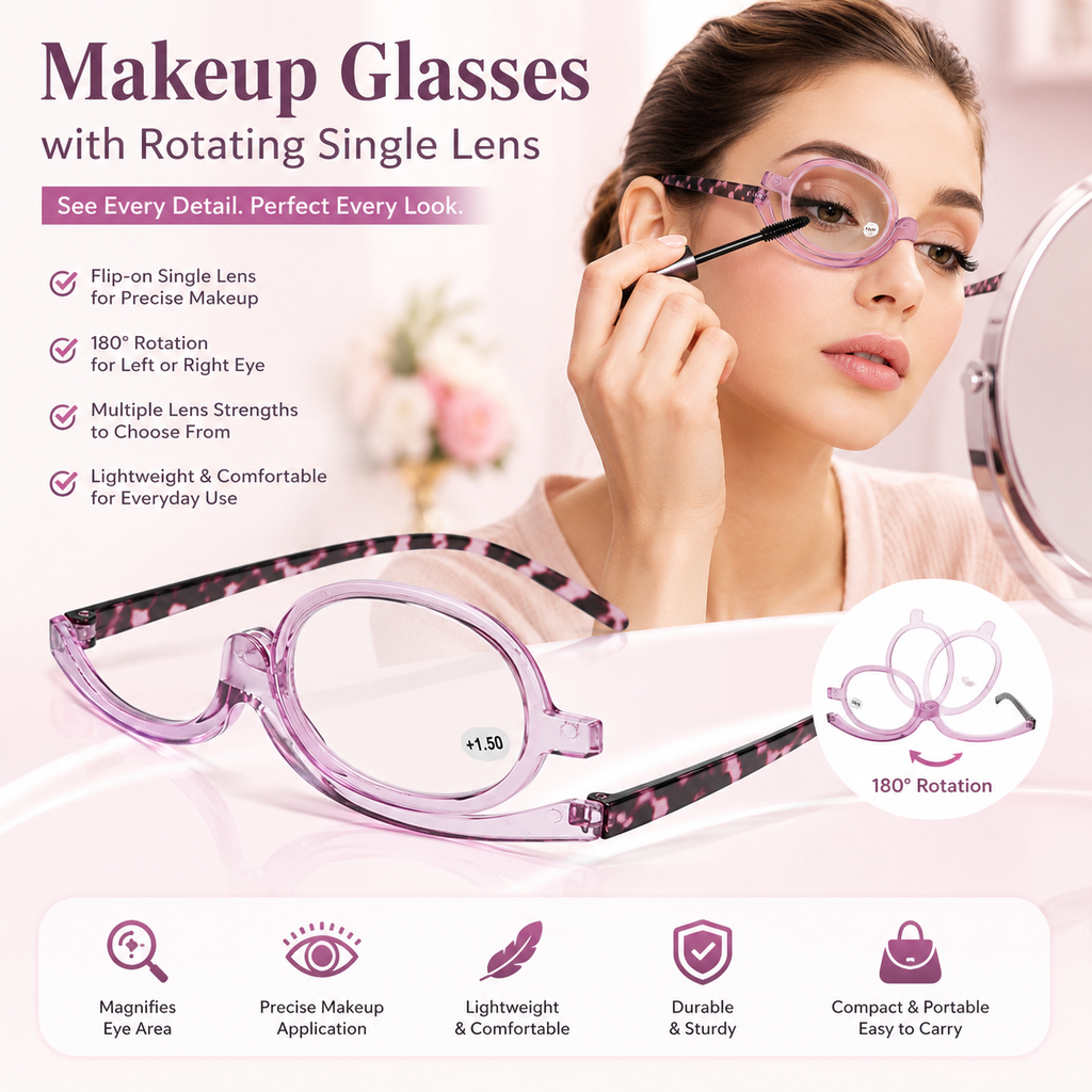 Makeup Reading Glasses with Rotating Single Lens for Precise Eye Makeup, Multiple Strengths +1.00 to +4.00