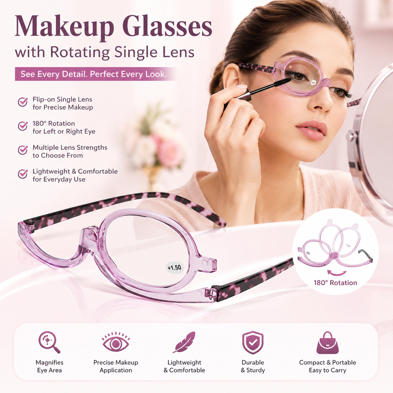 Makeup Reading Glasses with Rotating Single Lens for Precise Eye Makeup, Multiple Strengths +1.00 to +4.00