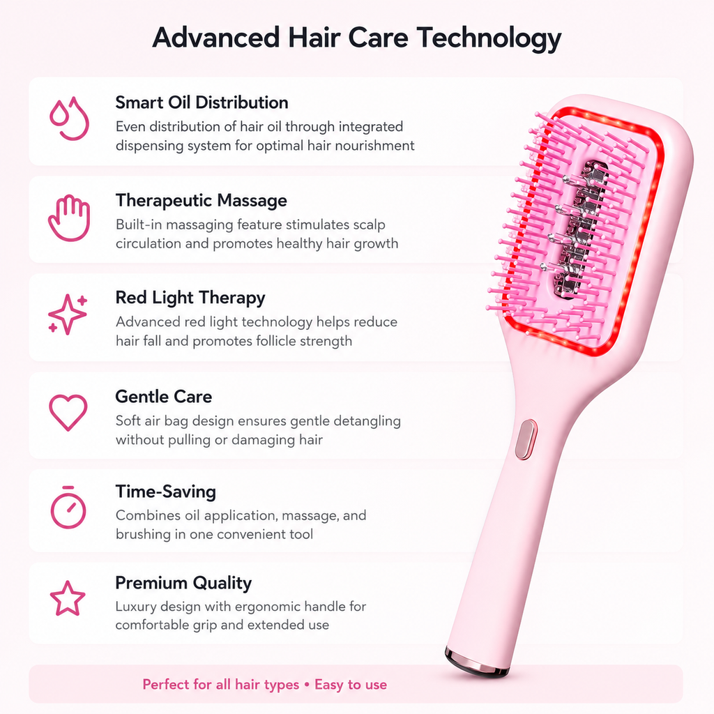 Scalp Care Serum Applicator Brush with Red LED Mode, Vibration Massage & Soft Air Bag Comb, Portable Dispensing Hair Care Brush for Daily Use, Pink
