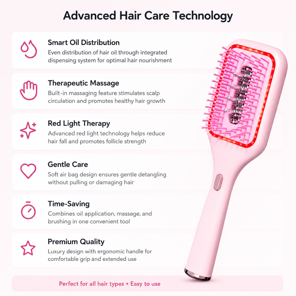 Scalp Care Serum Applicator Brush with Red LED Mode, Vibration Massage & Soft Air Bag Comb, Portable Dispensing Hair Care Brush for Daily Use, Pink