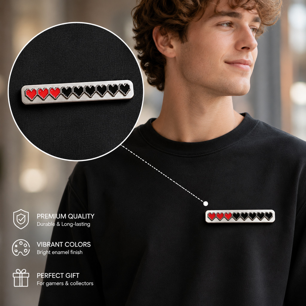 Pixel Heart Health Bar Pin, Funny Worker & Social Battery Status Brooch, Creative Enamel Badge for Backpack Jacket Shirt, Gamer Style Gift