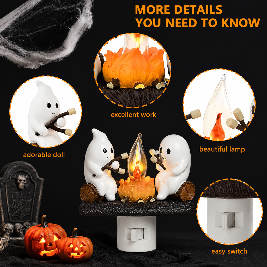 Ghost Campfire Flickering Night Light, 3D LED Plug-In Faux Flame Lamp, Halloween Room Decor for Adults and Kids, White