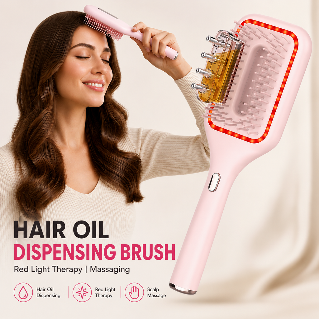 Scalp Care Serum Applicator Brush with Red LED Mode, Vibration Massage & Soft Air Bag Comb, Portable Dispensing Hair Care Brush for Daily Use, Pink