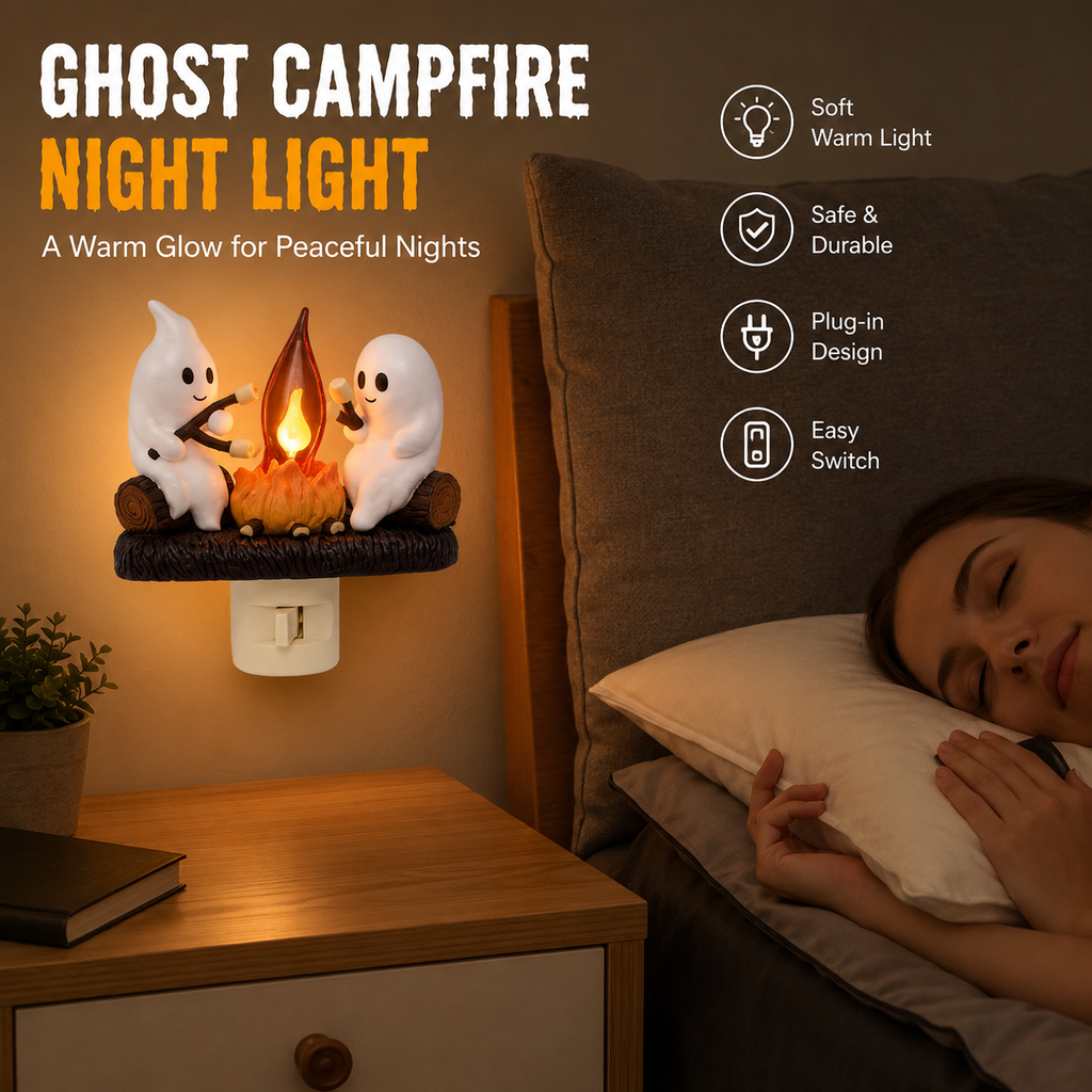 Ghost Campfire Flickering Night Light, 3D LED Plug-In Faux Flame Lamp, Halloween Room Decor for Adults and Kids, White