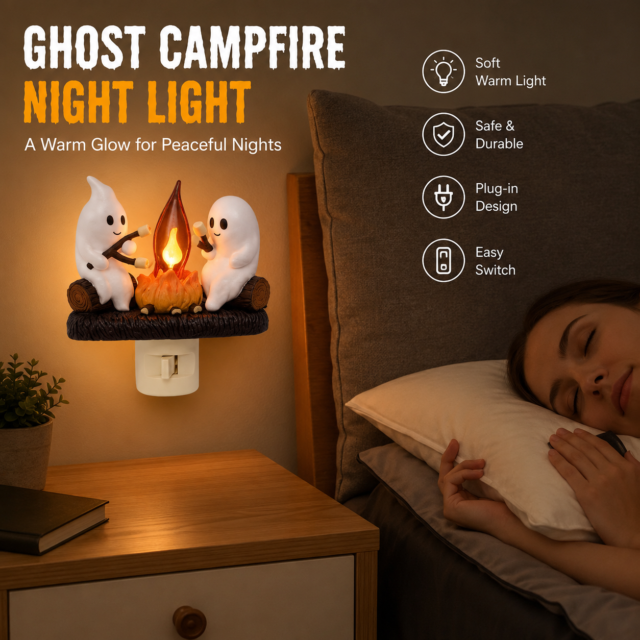 Ghost Campfire Flickering Night Light, 3D LED Plug-In Faux Flame Lamp, Halloween Room Decor for Adults and Kids, White