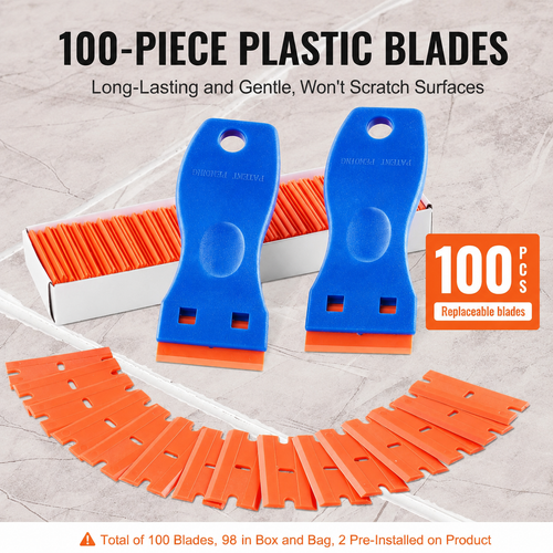 2PCS Razor Blade Scraper,Plastic Scraper Tool with 100PCS Plastic Blades,Cleaning Scraper Remover for Stickers,Decals,Adhesive,Labels,Paint from Glass, Car,Window,Caulk,No Scratches,Blue