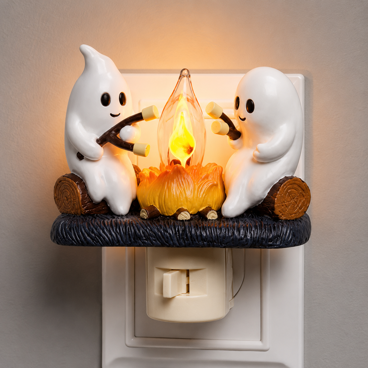 Ghost Campfire Flickering Night Light, 3D LED Plug-In Faux Flame Lamp, Halloween Room Decor for Adults and Kids, White