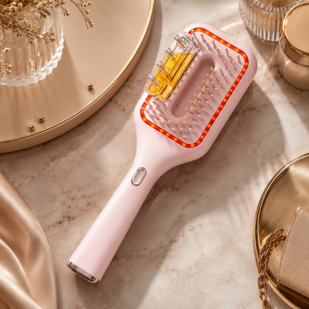 Scalp Care Serum Applicator Brush with Red LED Mode, Vibration Massage & Soft Air Bag Comb, Portable Dispensing Hair Care Brush for Daily Use, Pink