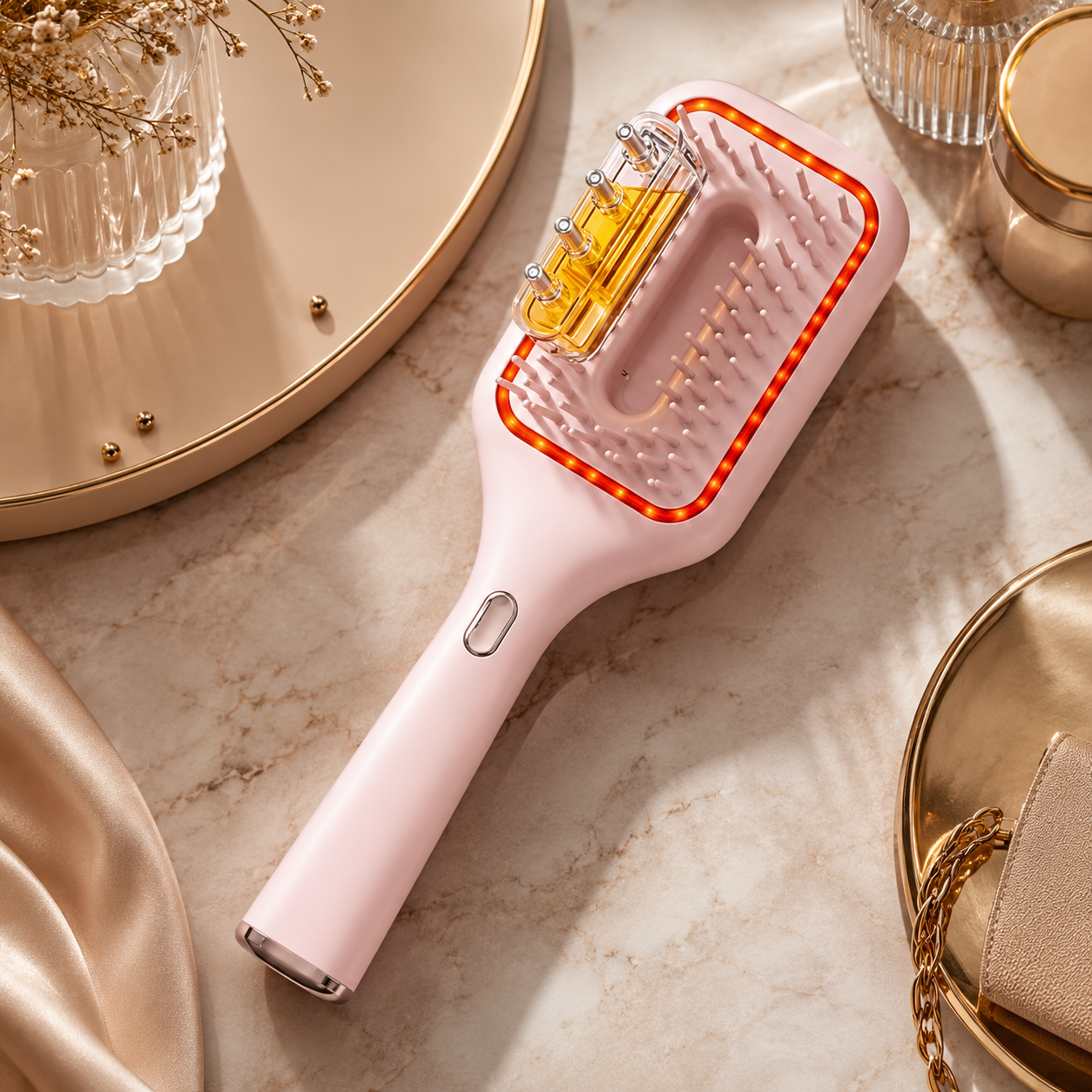 Scalp Care Serum Applicator Brush with Red LED Mode, Vibration Massage & Soft Air Bag Comb, Portable Dispensing Hair Care Brush for Daily Use, Pink